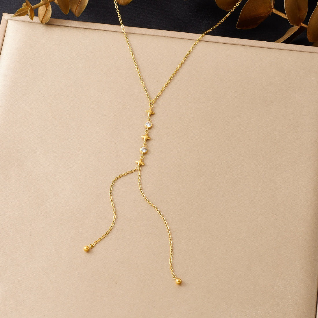 Minimalist Elegant Gold Plated Stainless Steel Star Rhinestone Tassel Y-Necklace for Women