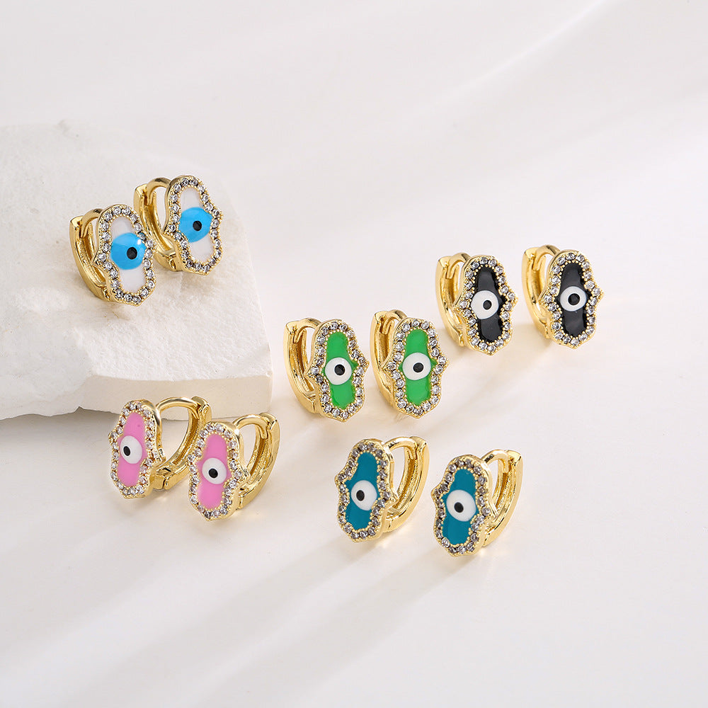 Minimalist Geometric Hand Eye Pendant Mini Earrings for Women with Copper Base Plated in 18K Gold and Enamel-Finished Zirconia Accents