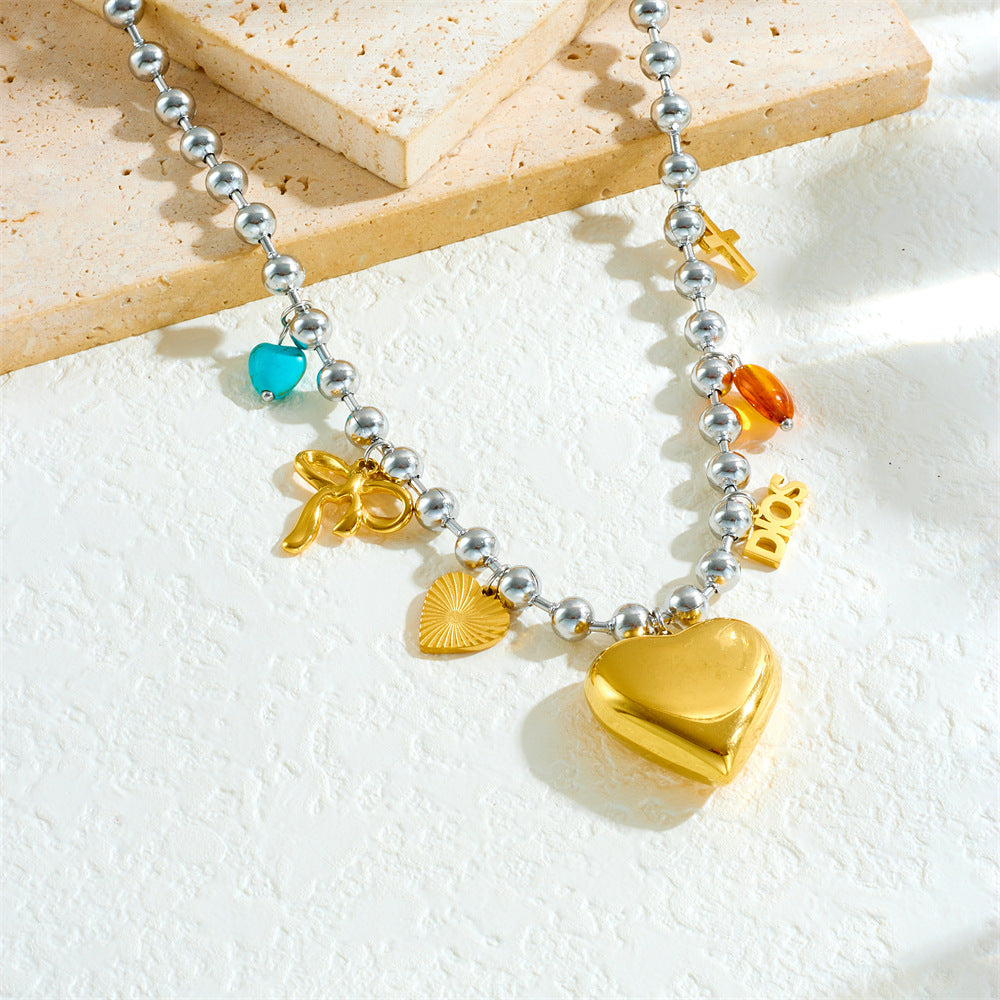 Sweet Cross Heart Bow Drip Oil Eye Pendant Stainless Steel Ball Chain Necklace for Women
