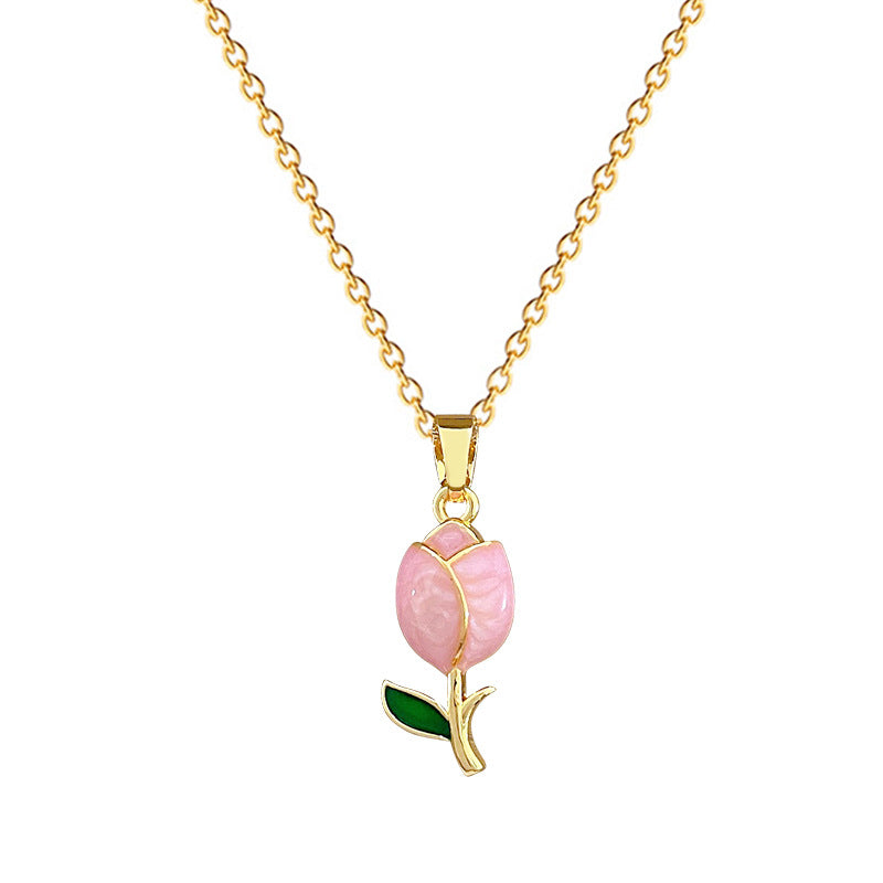 Sweet Minimalist Rose Moon Drip Oil Rhinestone Pendant Necklace Titanium Steel Cable Chain for Unisex