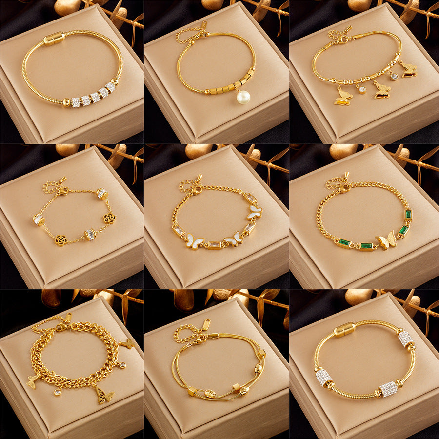 Elegant Minimalist Butterfly Pearl Floral Rhinestone-Embellished Gold-Plated Stainless Steel Bracelet for Women