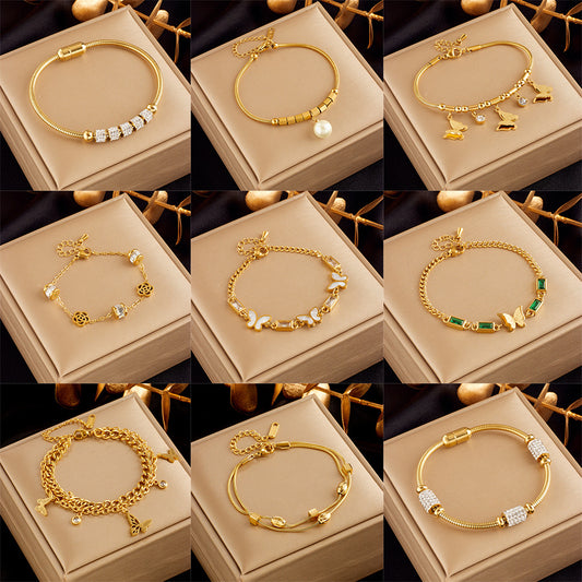 Elegant Minimalist Butterfly Pearl Floral Rhinestone-Embellished Gold-Plated Stainless Steel Bracelet for Women