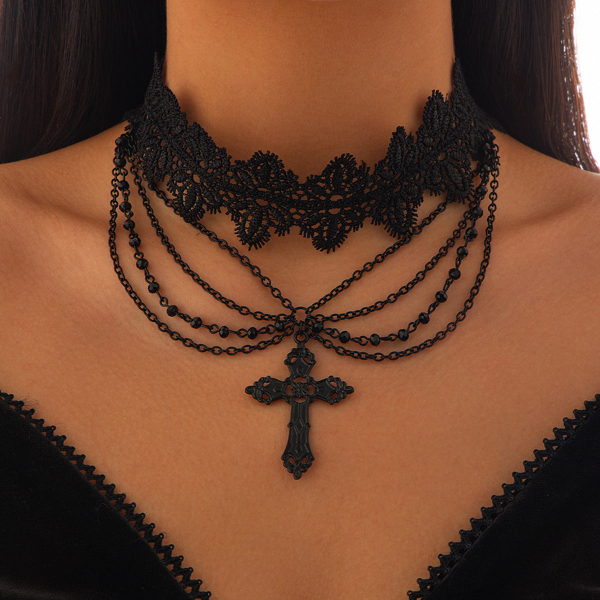 Punk Geometric Cross Alloy Pendant Crystal Beaded Choker Necklace with Tassel for Women