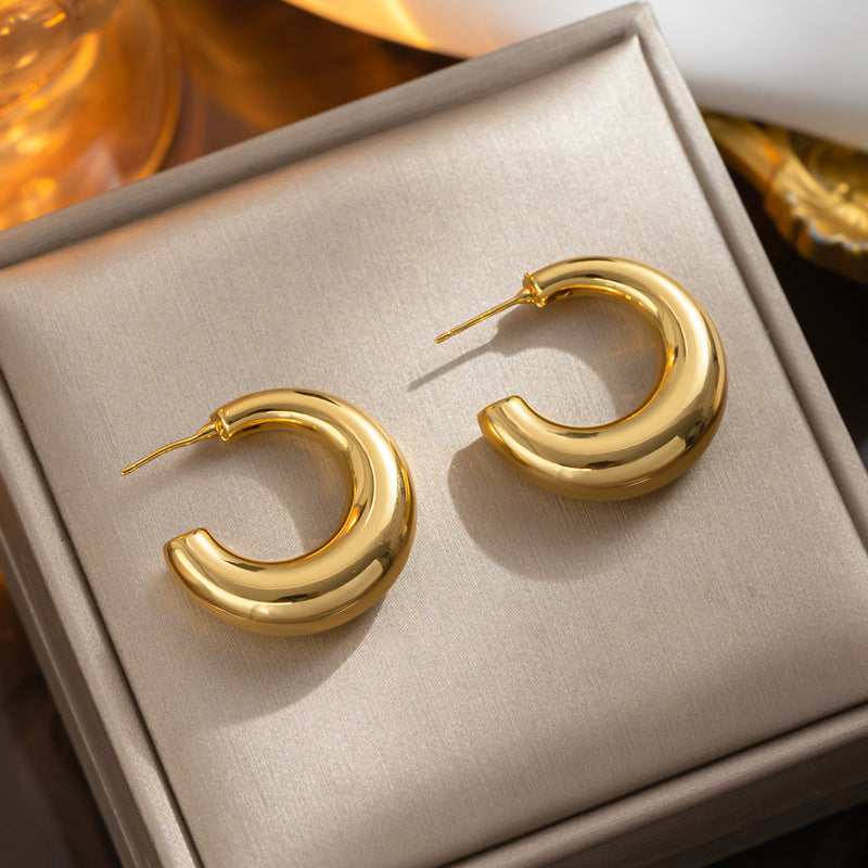 Minimalist Geometric C-Shaped Titanium Steel Hoop Earrings for Women with Vacuum Plating Finish