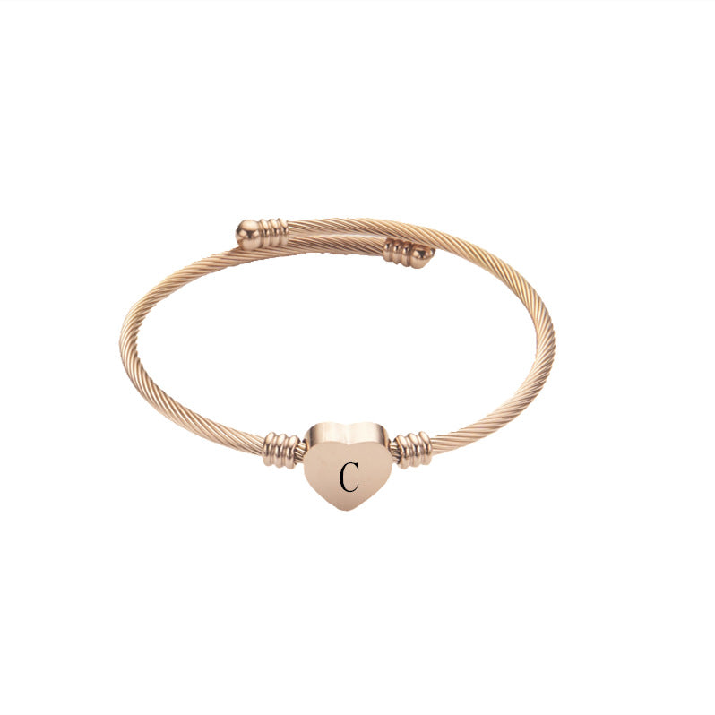 Pulsera ajustable abierta con alambre de acero inoxidable y letra o corazón con acabado pulido