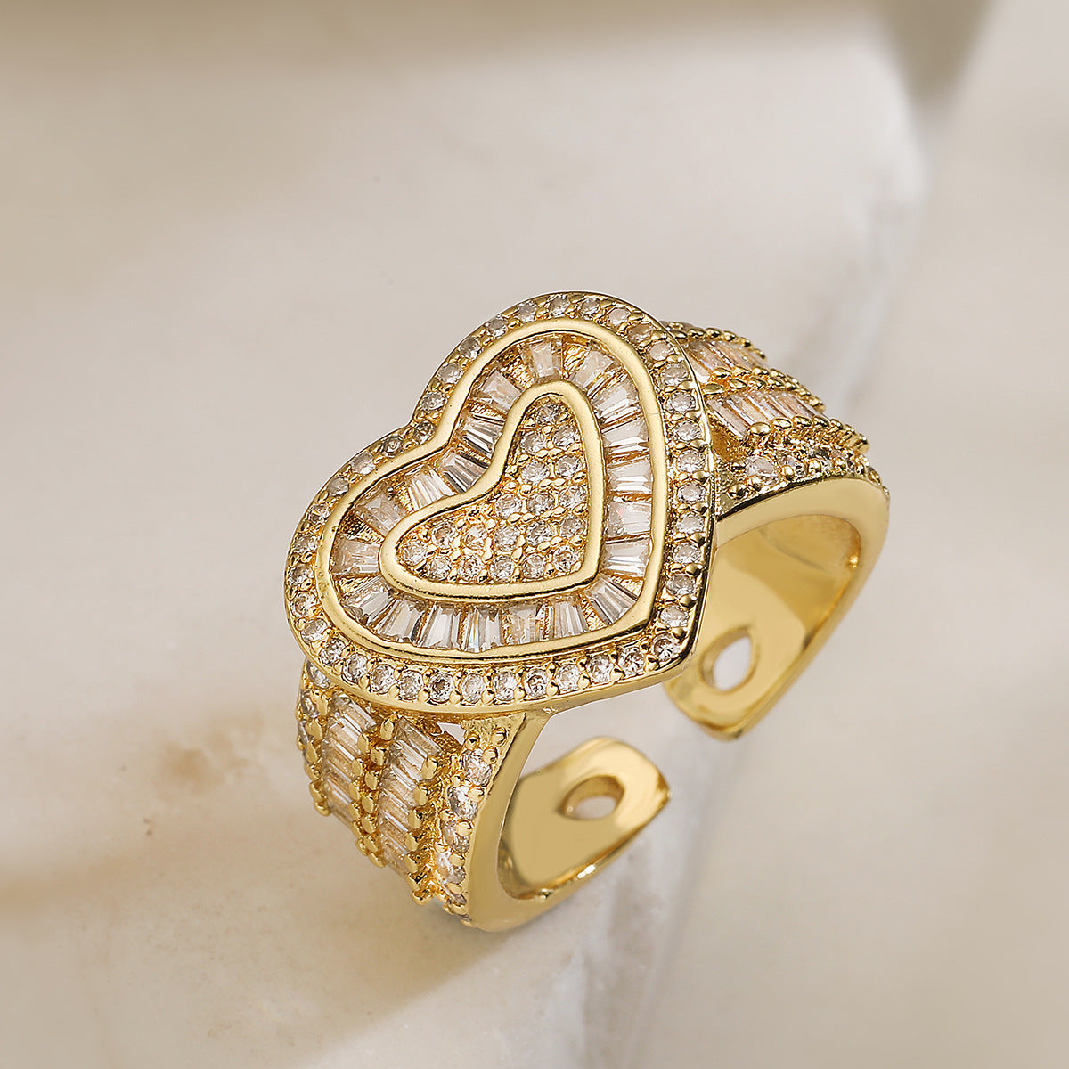 Minimalist Hip-hop 18K Gold Plated Heart Cross Brass Ring with Cubic Zirconia for Women