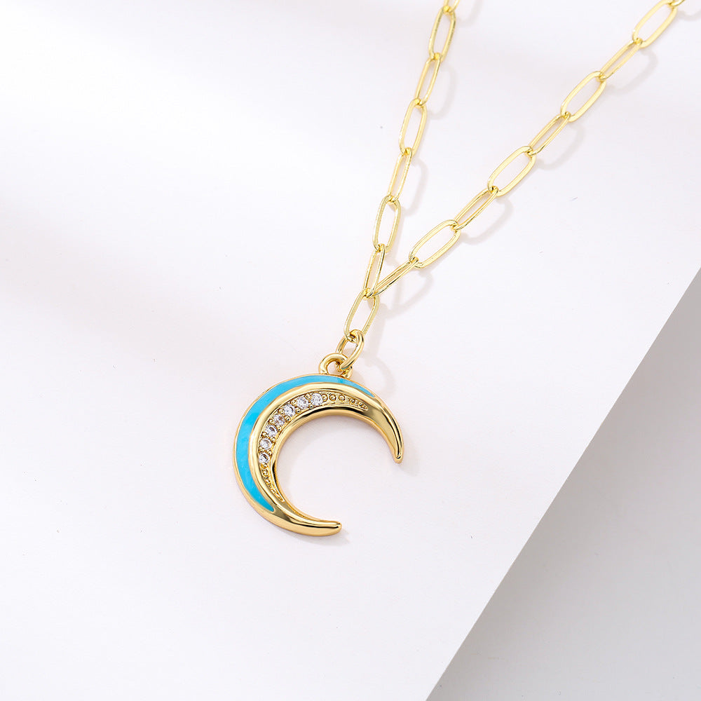 Cute INS-Style Geometric Moon Pendant Necklace for Women with Copper Base Plated in 18K Gold and Enamel Finish, Rainbow Rhinestone Inlay