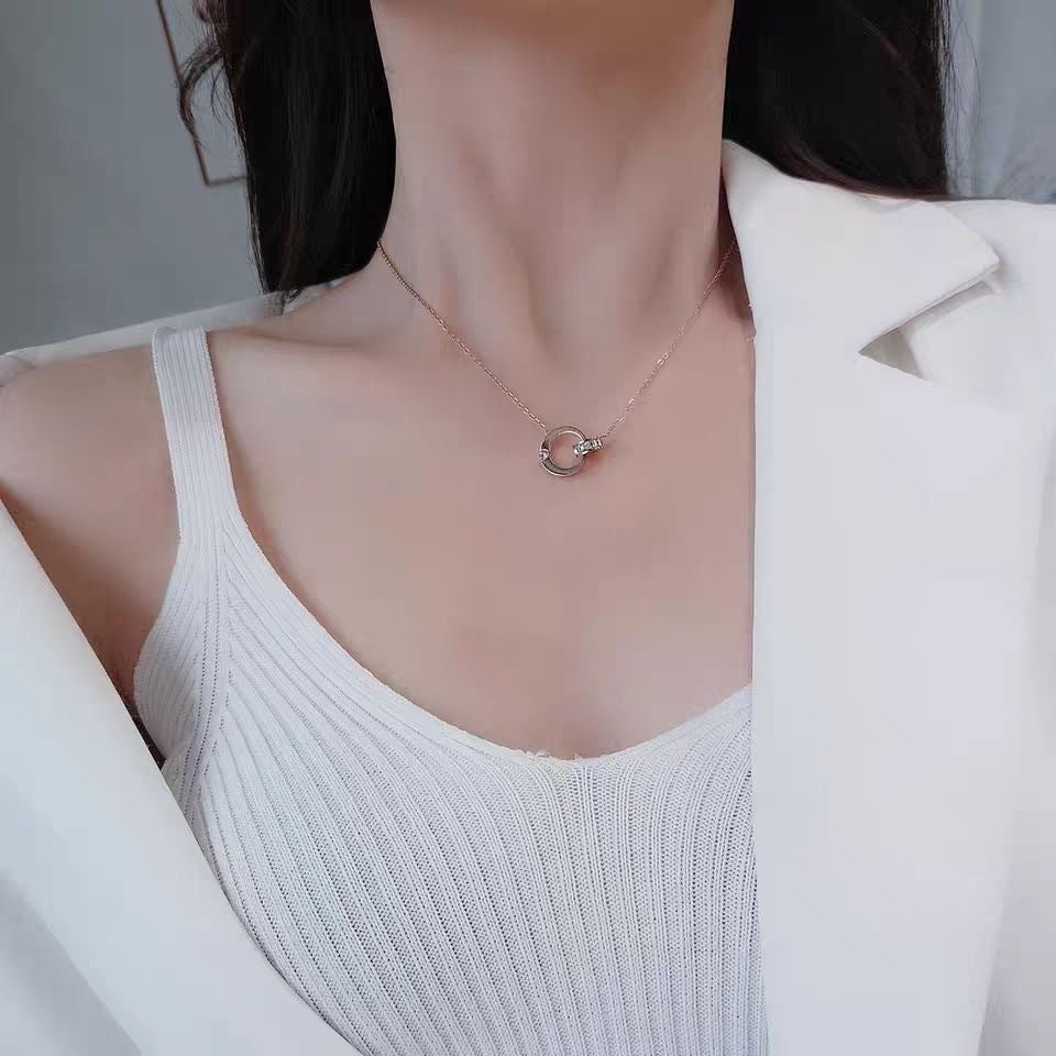 Minimalist Moon-Shaped Titanium Steel Double Ring Necklace for Women with Micro-Pavé Zirconia, Hypoallergenic Snake-Style O-Chain, Elegant Clavicle Chain