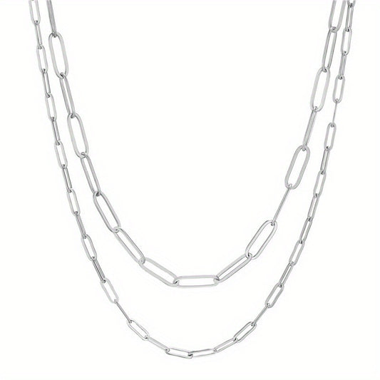 Polished Stainless Steel Geometric Paperclip Chain Necklace for Women and Men with Titanium Steel Pendant, Minimalist Daily Jewelry Gift
