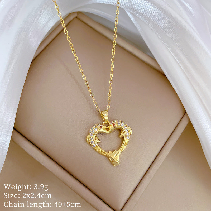 Minimalist Heart-Shaped Titanium Steel Necklace with Rhinestone Inlay for Women and Men, Delicate Clavicle Chain