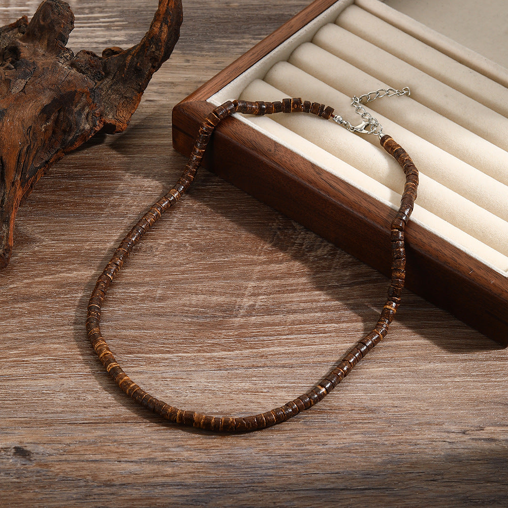 Bohemian Handmade Geometric Wood and Coconut Shell Ball Chain Necklace
