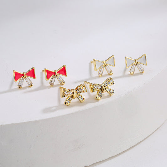 Minimalist Bowknot Stud Earrings for Women Copper Earrings with Micro-Paved Zirconia and Enamel Finish