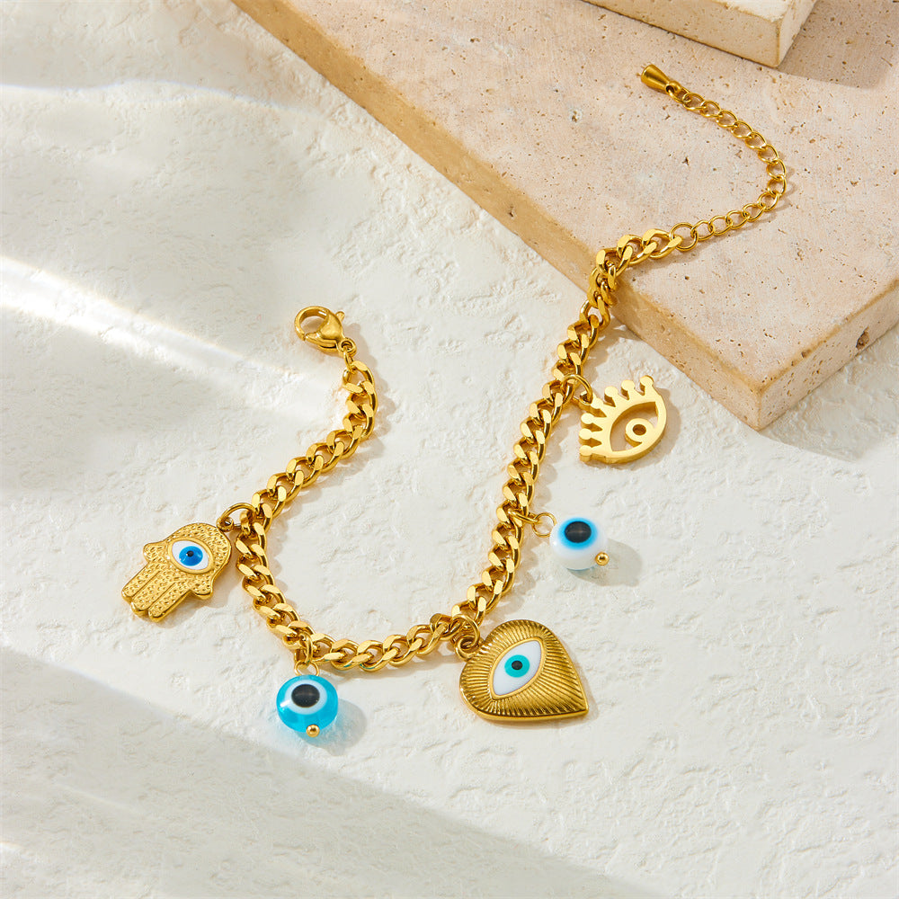 Cartoon Drip Oil Heart Evil Eye Pendant Stainless Steel Bracelet for Women
