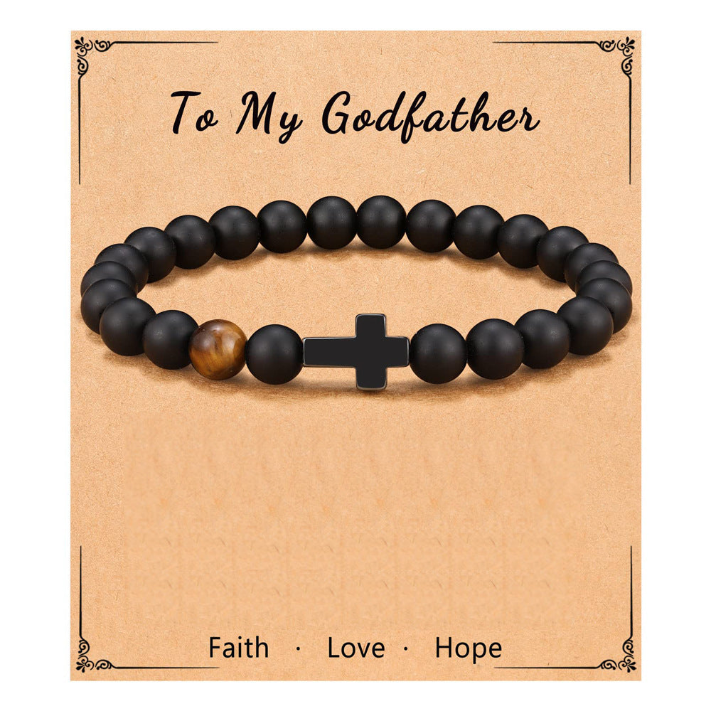 Matte Natural Black Agate and Yellow Tiger Eye Cross Bracelet Unisex 8mm Beaded Hand Chain