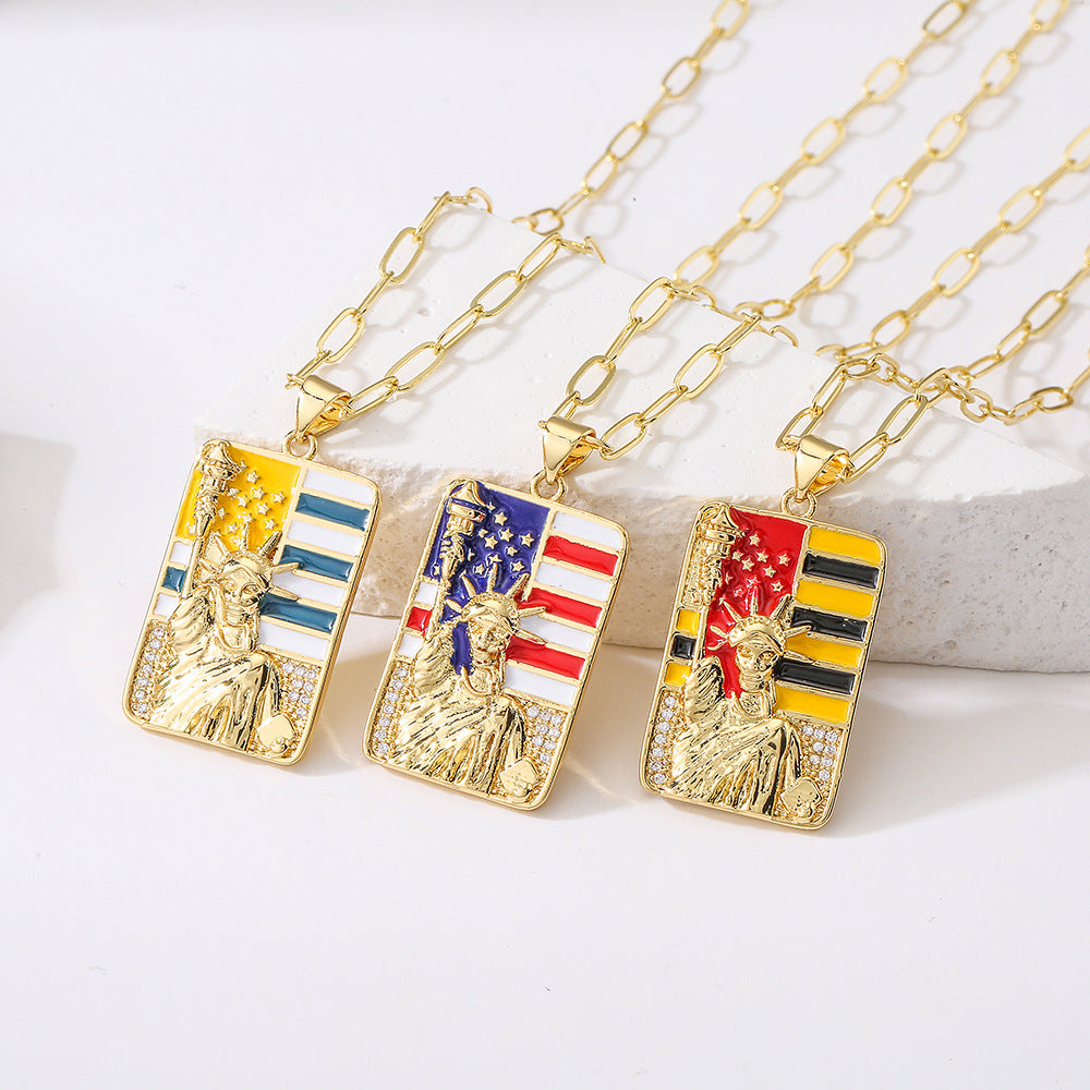 Minimalist Square Liberty Goddess Pendant Necklace for Women with Copper Base Plated in Real Gold and Enamel Finish with Micro-Pave Zirconia