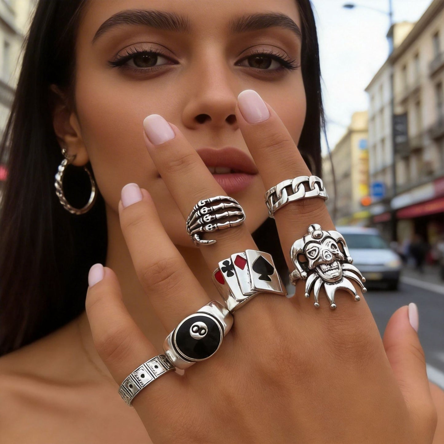 Hip-hop Vintage Geometric Skull Clown Poker Eye Drip Oil Plated Alloy Ring Set for Women