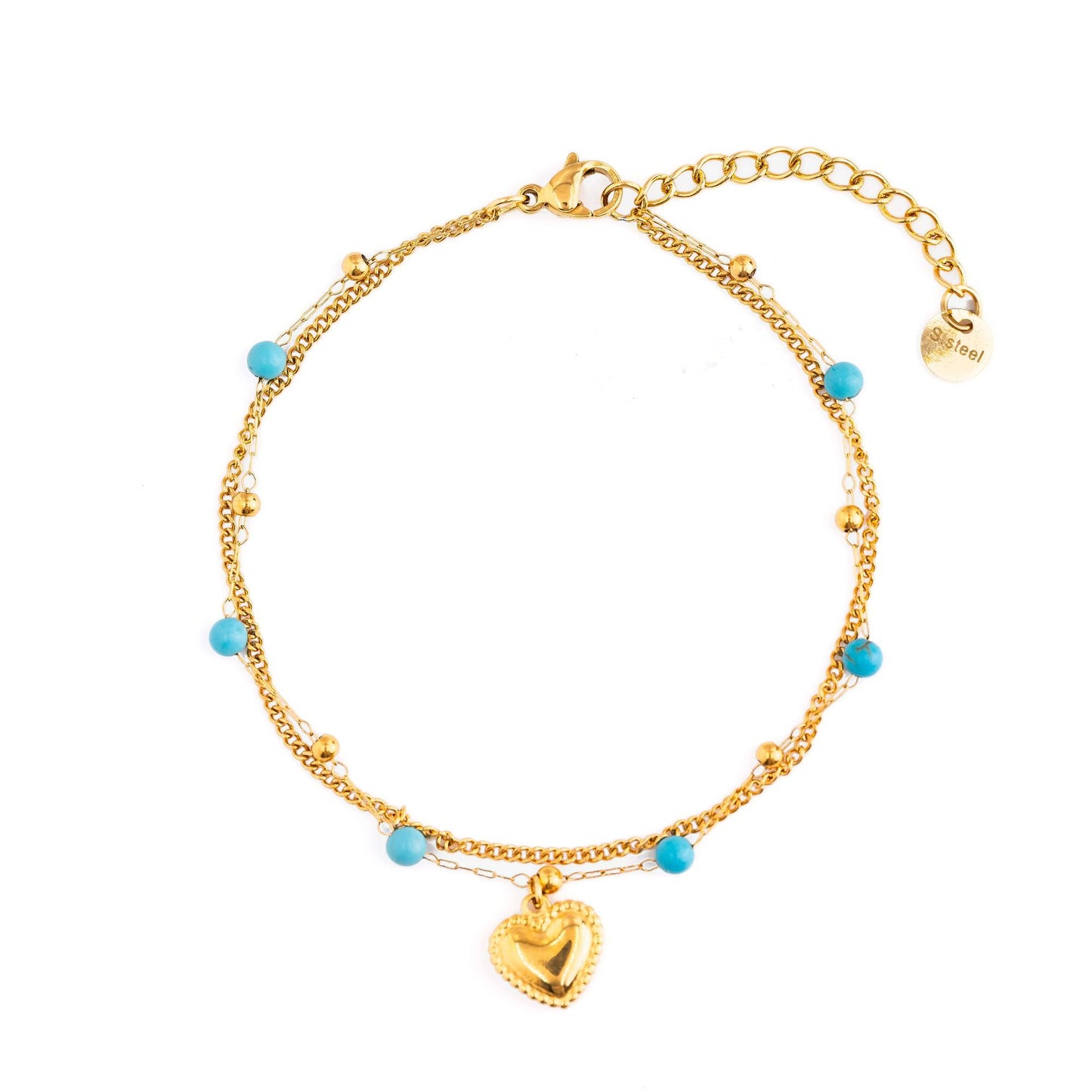 Bracciale da donna a doppio strato turchese con ciondolo a disco ondulato in acciaio inossidabile, minimalista e alla moda