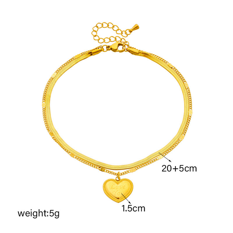 Cavigliera minimalista vintage a doppio strato in acciaio al titanio a forma di cuore con lettere incise