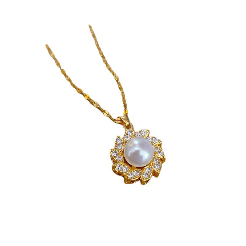 Collana con ciondolo floreale di perle in acciaio al titanio di lusso per donna con strass, catena clavicola minimalista