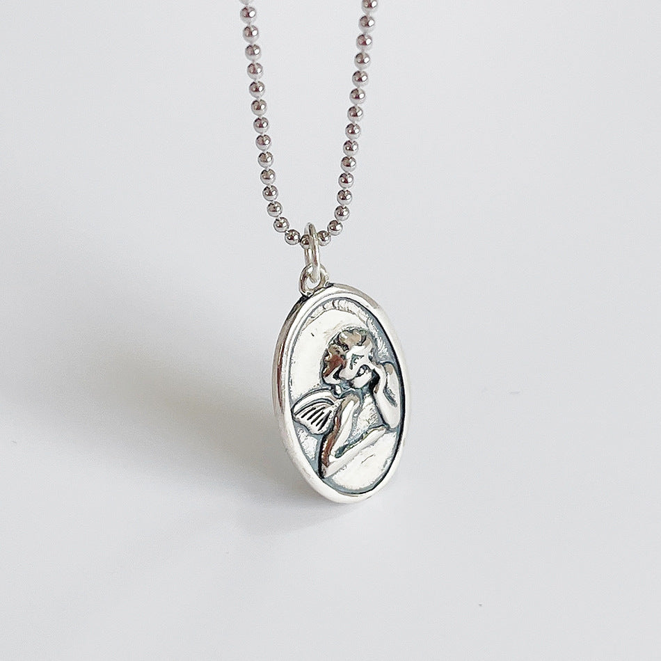 Vintage 925 Sterling Silver Plated Guardian Angel Pendant Necklace