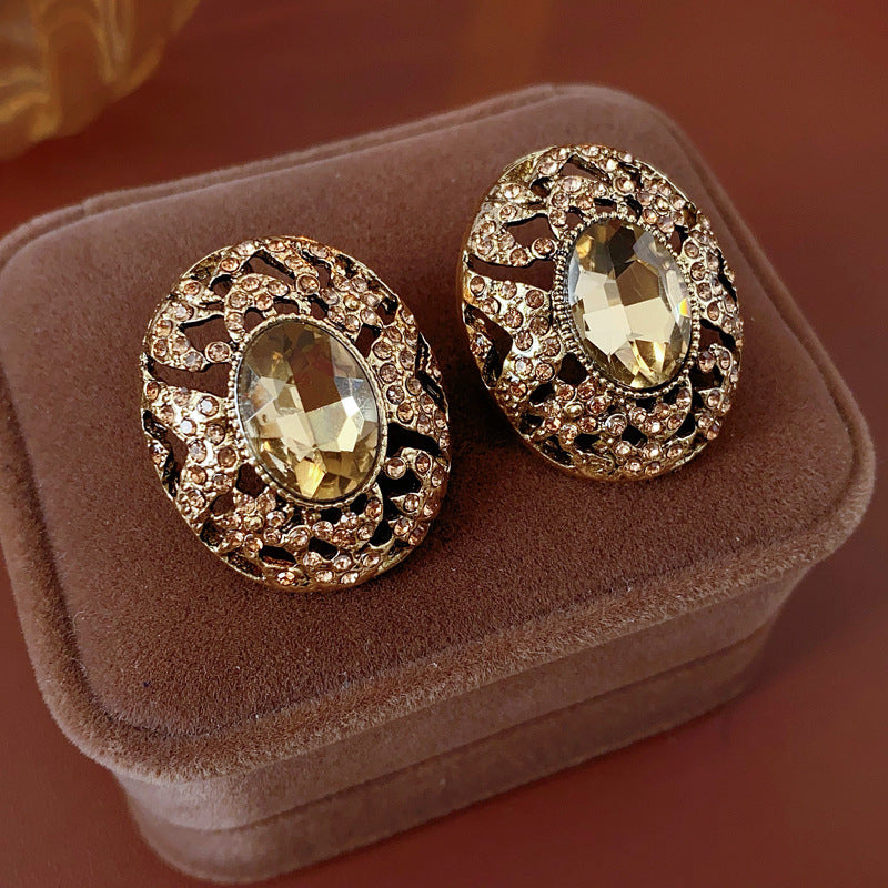 Orecchini a perno geometrici ovali traforati stile vintage con strass da donna con perni in acciaio inossidabile