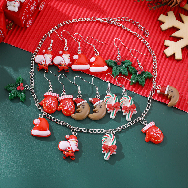 Set collana con ciondolo coordinato cappello e guanti di Babbo Natale, in resina, smaltato, con perline rotonde, per bambine