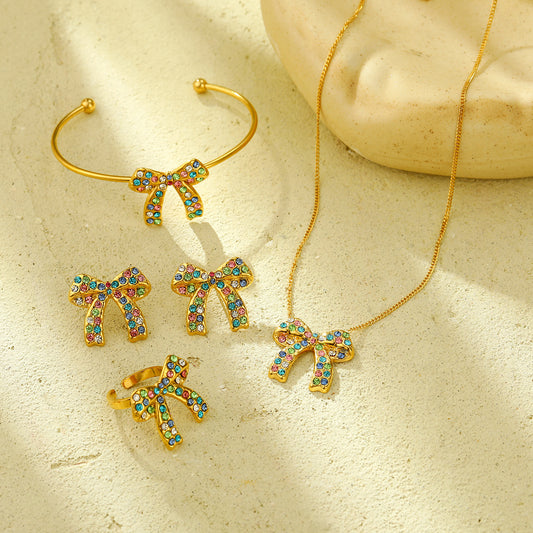 Fashionable Bowknot Titanium Steel Earrings and Necklace Set for Women with Plated Finish and Elegant Minimalist Design