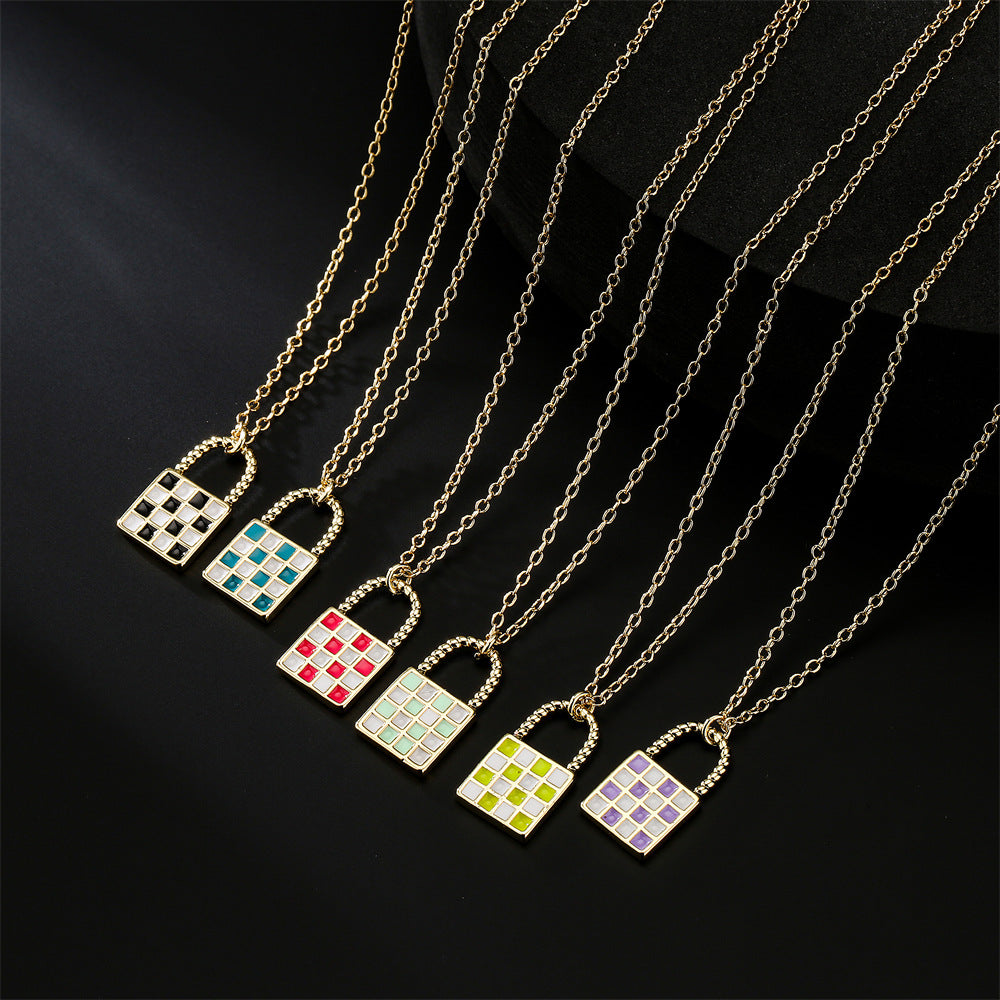 Minimalist Geometric Chessboard Pattern Gold Plated Copper Pendant Necklace