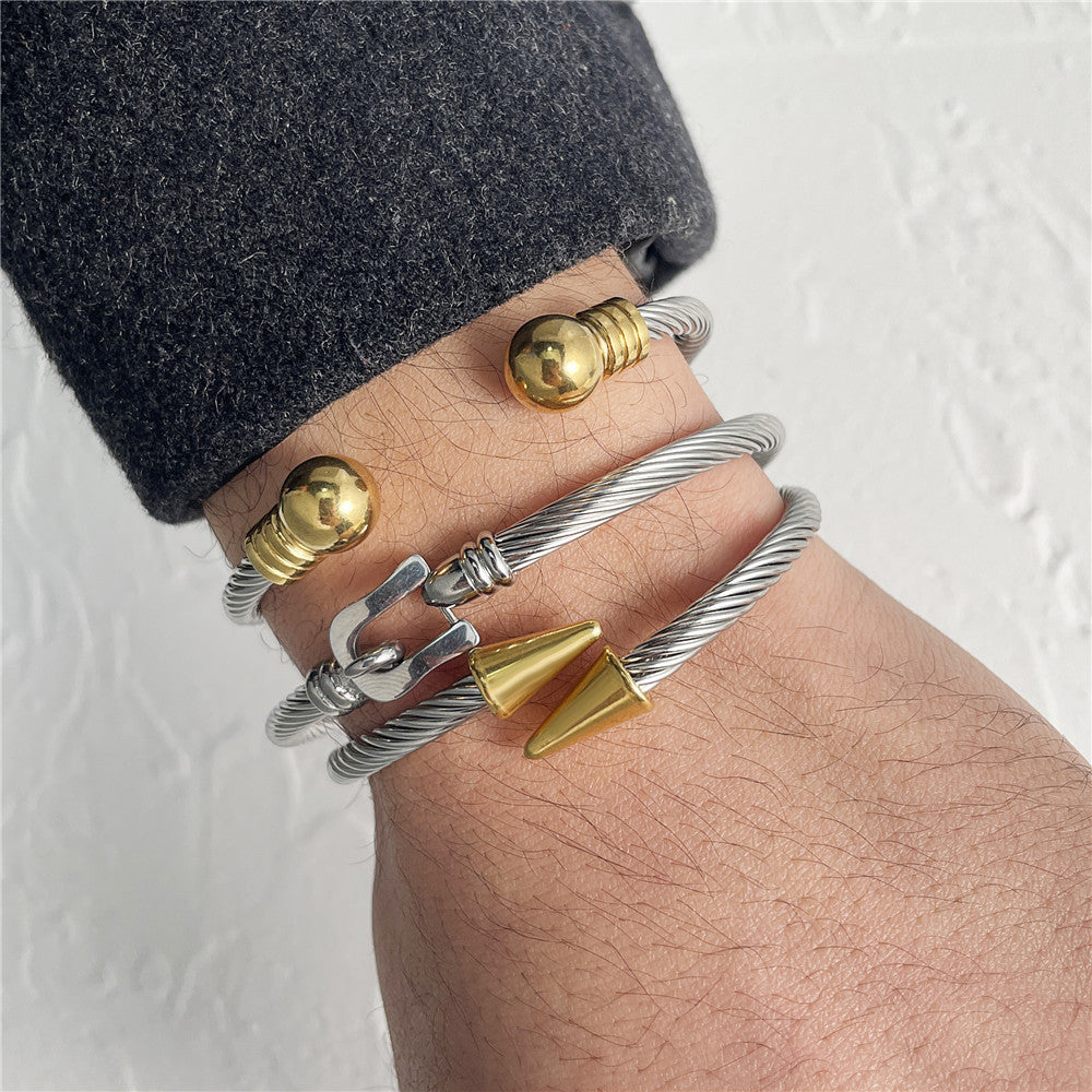 Punk Casual Geometric Titanium Steel Plated Rivet Belt Buckle Cuff Bracelet Set for Men and Women