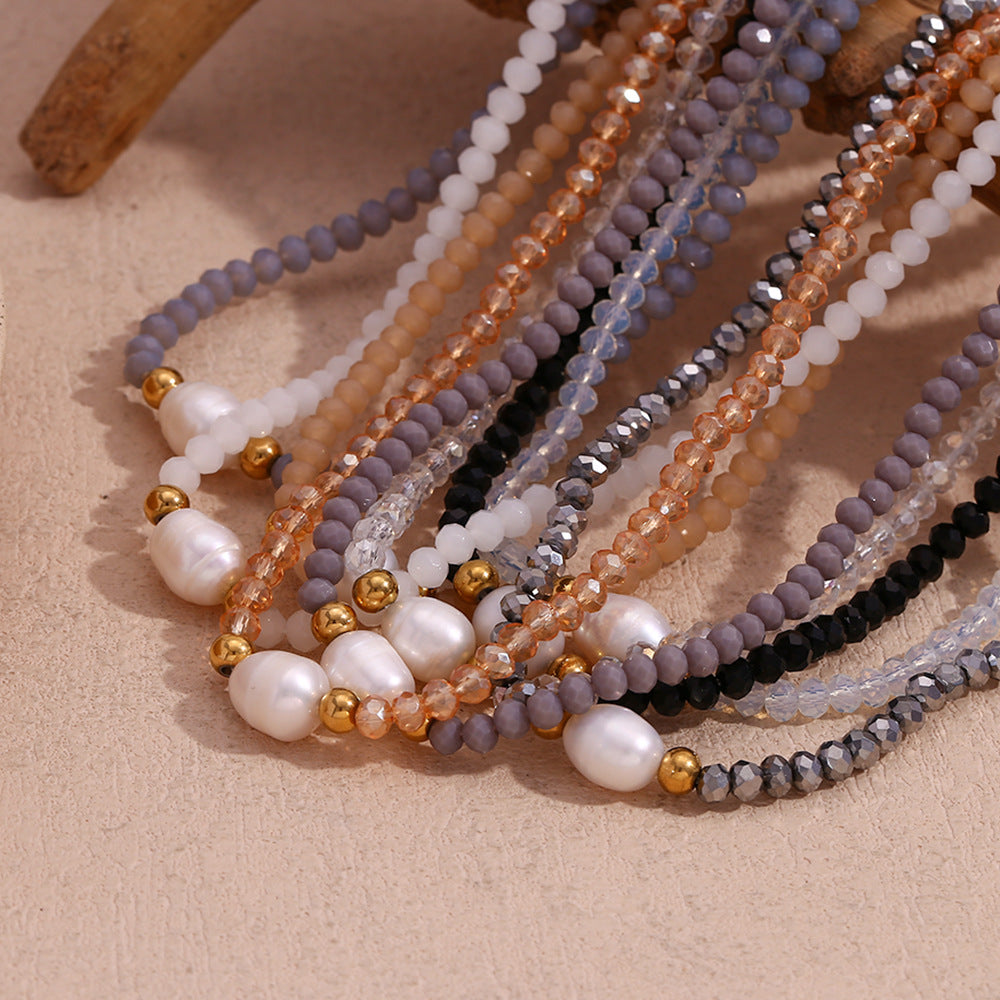 Fashionable Vintage Geometric Stainless Steel Pendant Necklace with Freshwater Pearl and Light Crystal Beads for Women