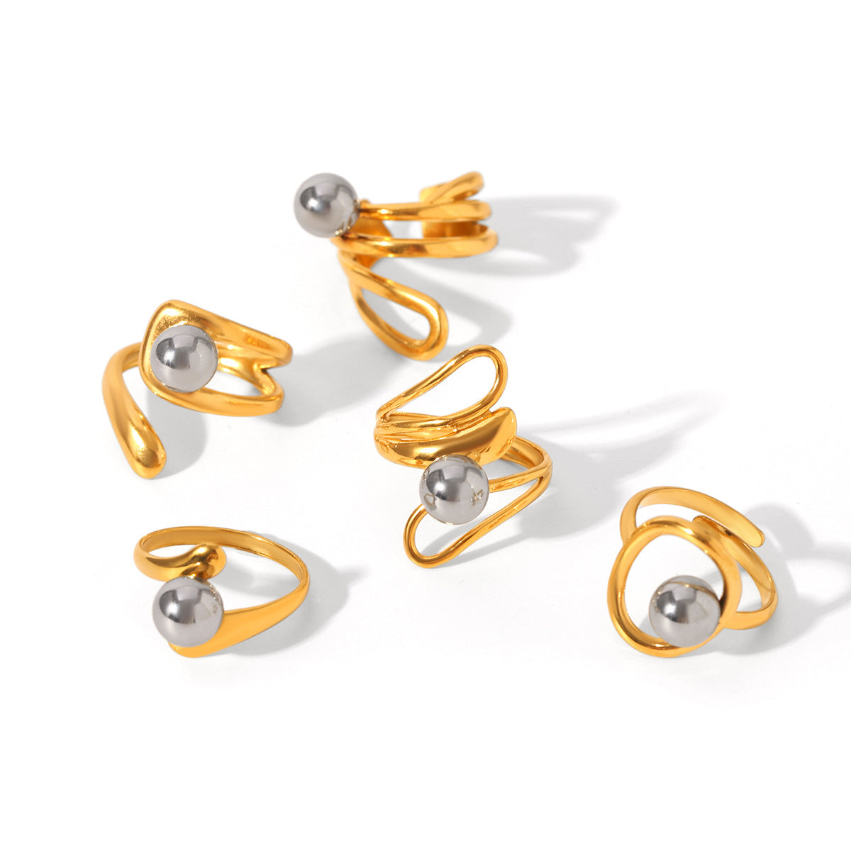Geometric Ball-Shaped Titanium Steel Ring with Irregular Line Design for Women, Electroplated Stainless Steel Band Jewelry