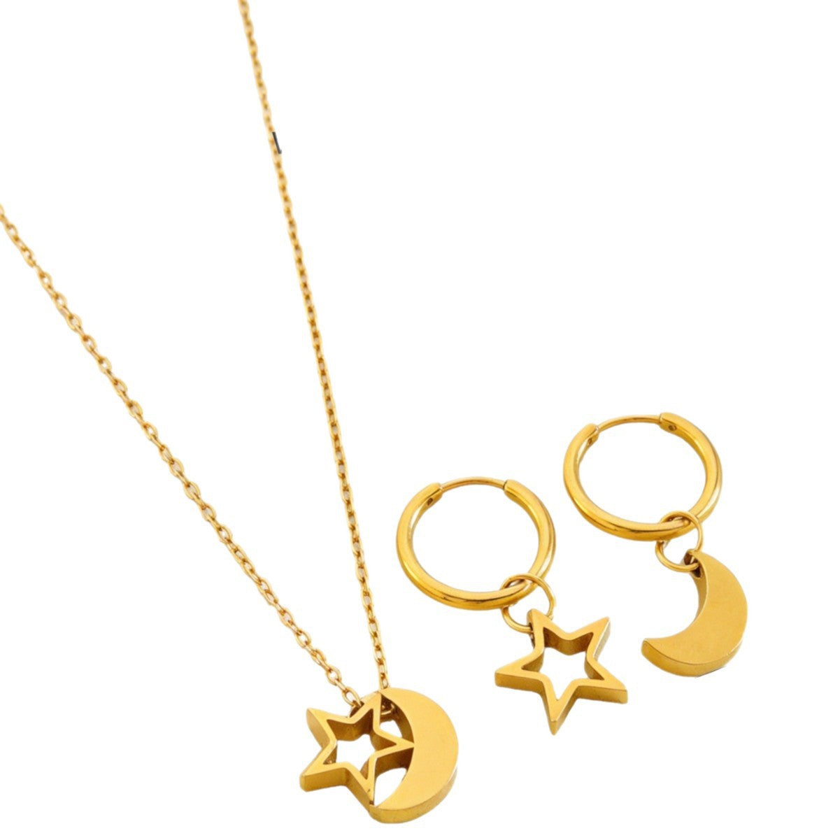 Minimalist Star Moon Stainless Steel and Titanium Steel Necklace and Earring Set with Cable Chain