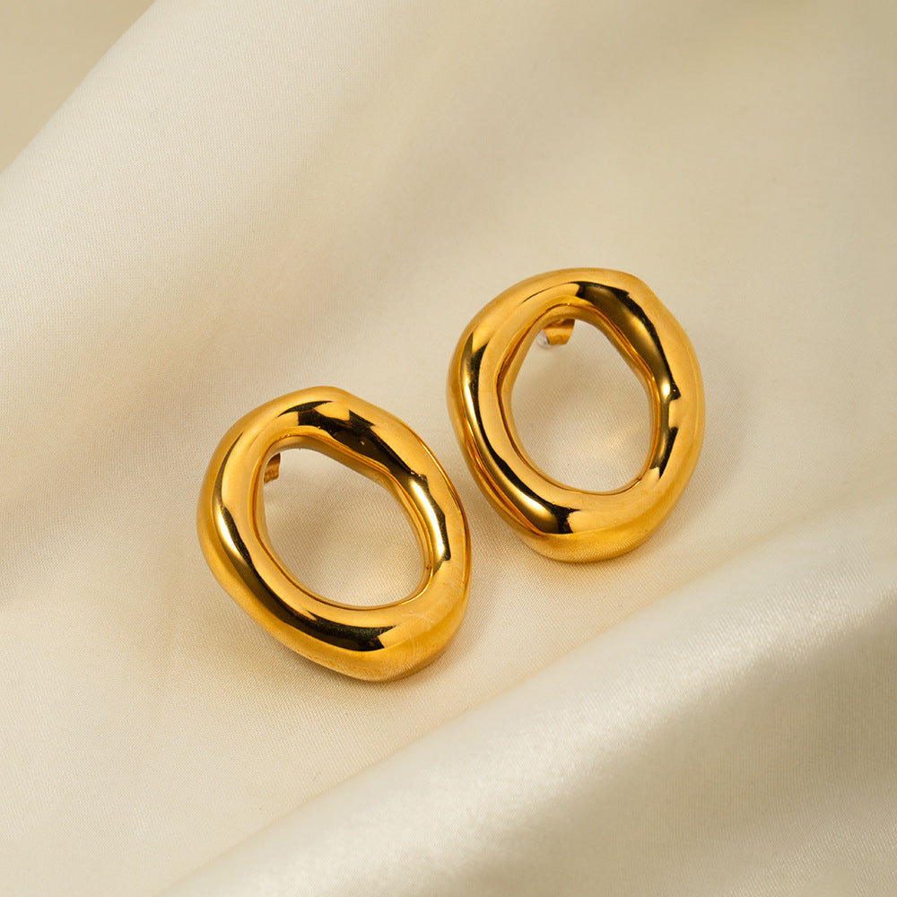 Orecchini da donna in acciaio inossidabile placcato oro 18 carati a forma ovale cava, stile alla moda Ins