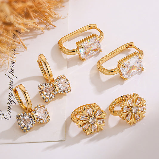 Minimalist Elegant Gold Plated Brass Geometric Bow Snowflake Earrings with Cubic Zirconia for Women
