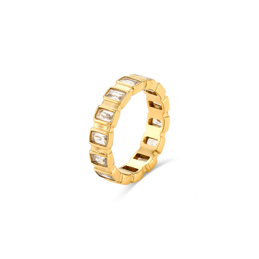 Anillo dorado para mujer de acero inoxidable con circonita incrustada, diseño geométrico minimalista, chapado al vacío, resistente al agua, a la moda