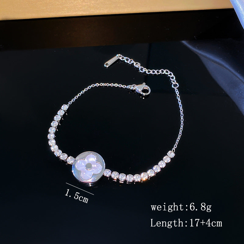 Minimalist Sweet Micro-inlaid Cubic Zirconia and Shell Flower Plated Titanium Steel Bracelet