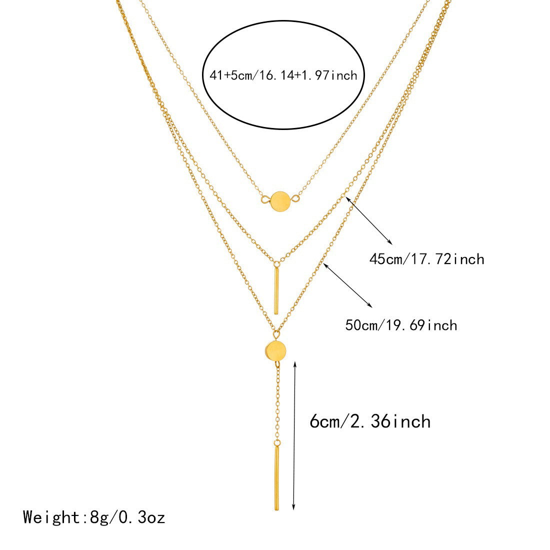 Minimalist Gold Plated Stainless Steel Round and Rectangle Pendant Layered Necklace with Tassel for Women