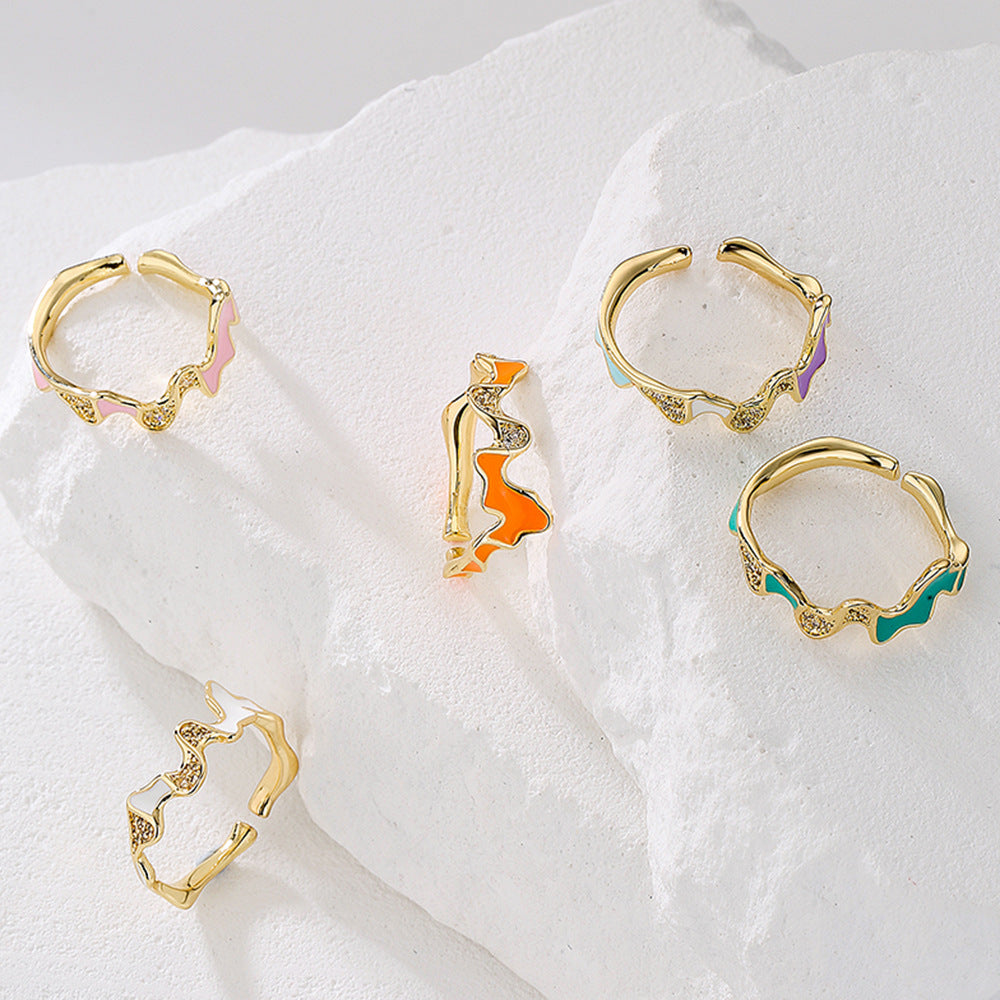 INS Style Irregular Geometric Open Ring for Women Made of Copper with 18K Gold Plating and Enamel-Set Zirconia