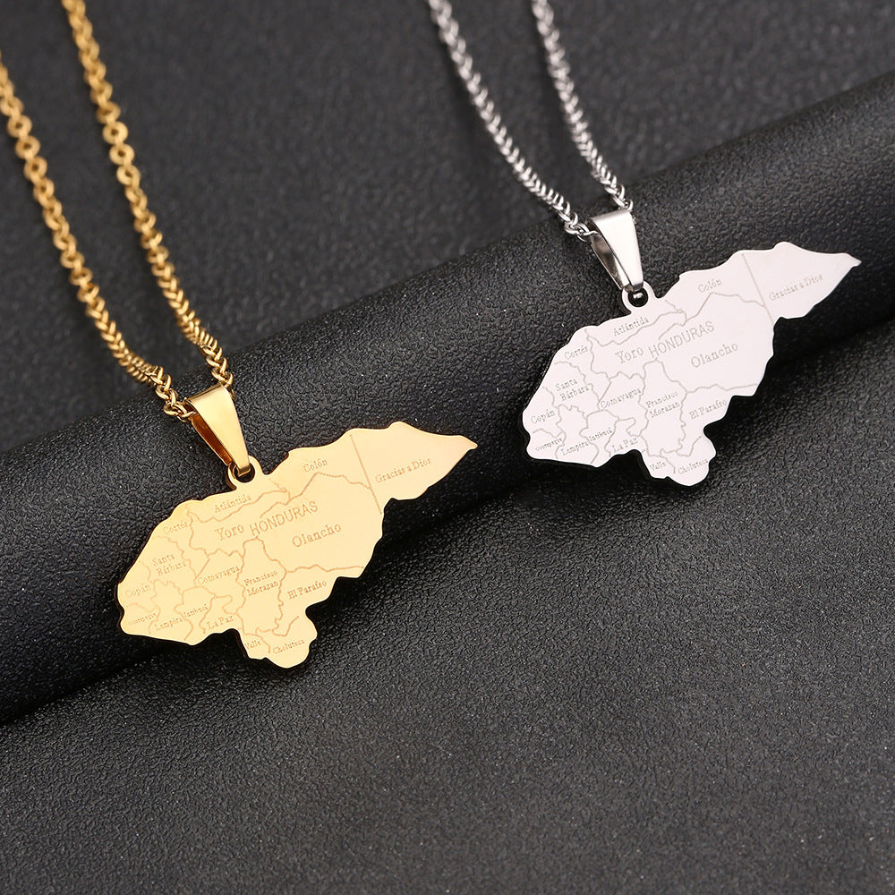 Collana con Ciondolo a Forma di Mappa Geometrica dell'Honduras in Acciaio Inossidabile con Ciondolo in Acciaio al Titanio e Finitura Elettroplaccata per Coppie
