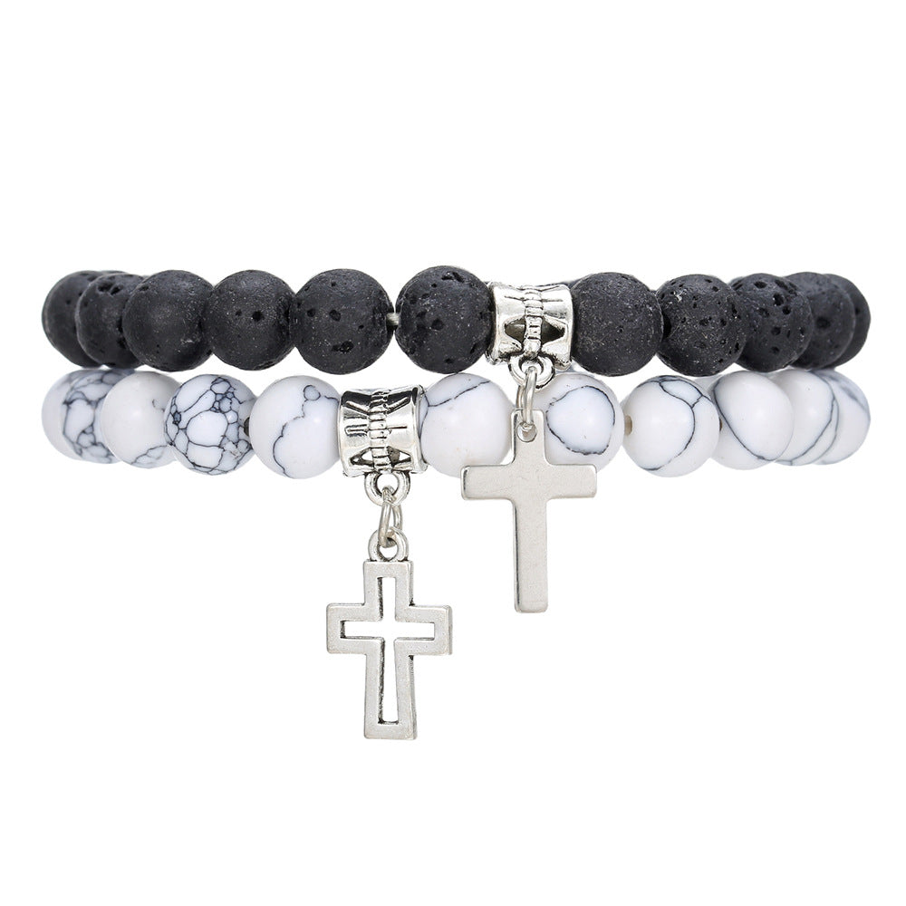 Minimalist Geometric 8mm White Pine Volcanic Stone and Hematite Ball Chain Bracelet Set with Cross and Astronaut Charms