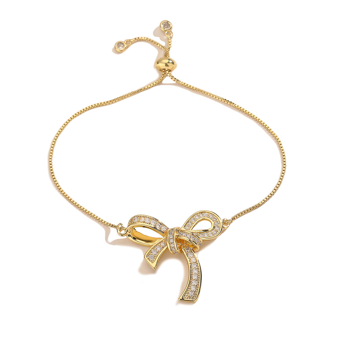 Sweet Style Bowknot-Shaped Hand Chain for Women Made of Brass with Real Gold Plating and Micro-Paved Zirconia