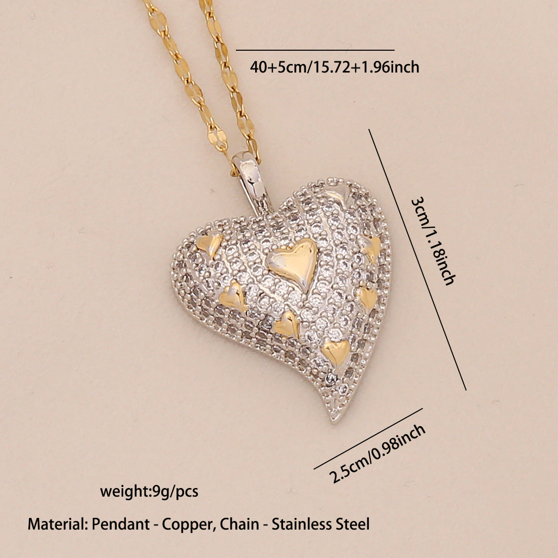 Fashionable Heart-Shaped Copper Pendant Necklace with Gold-Tone Accents for Women
