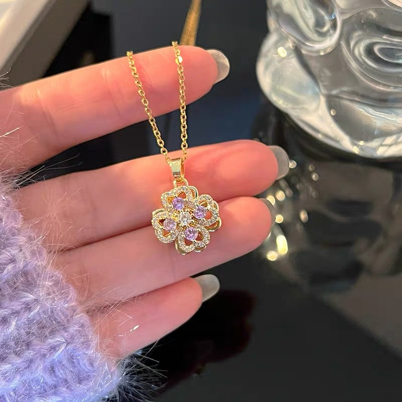 Collana da Donna con Ciondolo Trifoglio Fortunato Girevole in Acciaio Inossidabile Placcato, Girocollo Corto con Maglia a O