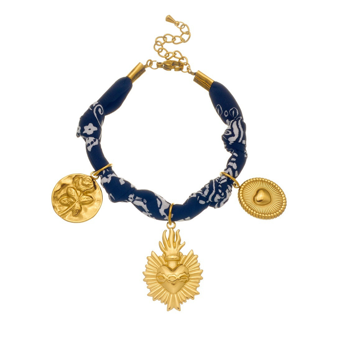 Vintage Gold Plated Stainless Steel Heart Round Oval Floral Relief Pendant Fabric Bracelet