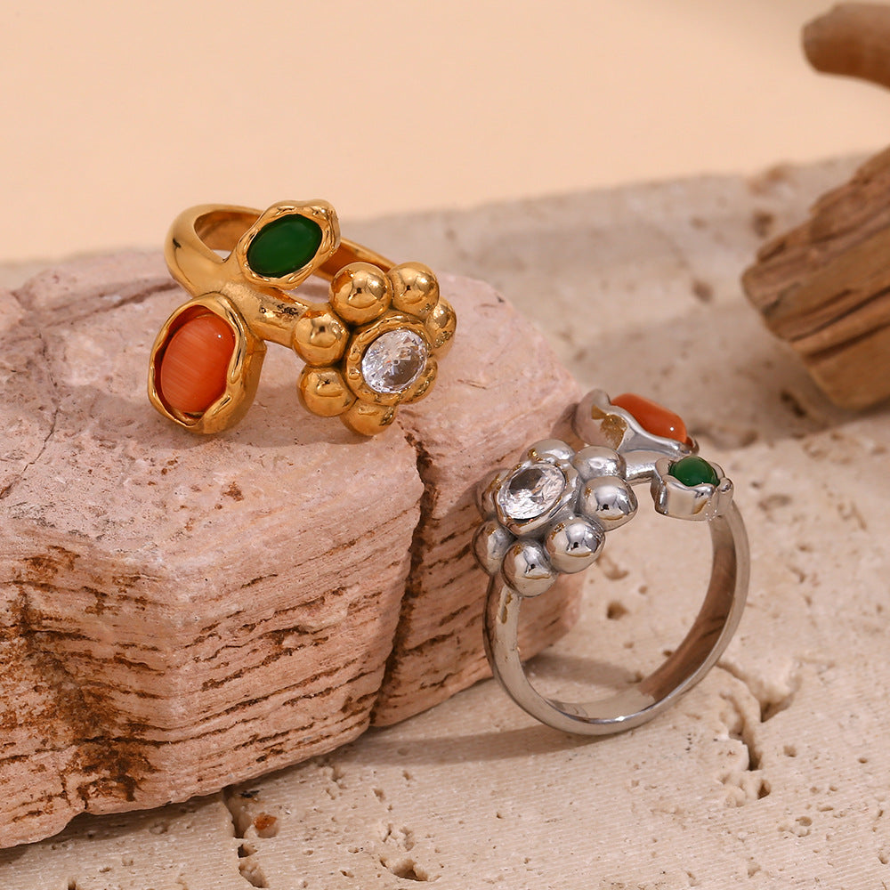 Vintage-Inspired Floral Geometric Stainless Steel Ring with 18K Gold Plating for Women