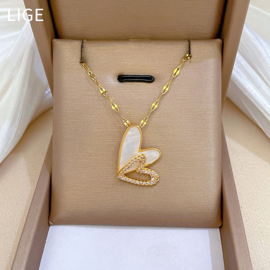Elegant Hollow-Out Heart Pendant Necklace for Women Stainless Steel Double Layer Delicate Collarbone Chain with Rhinestone Accents