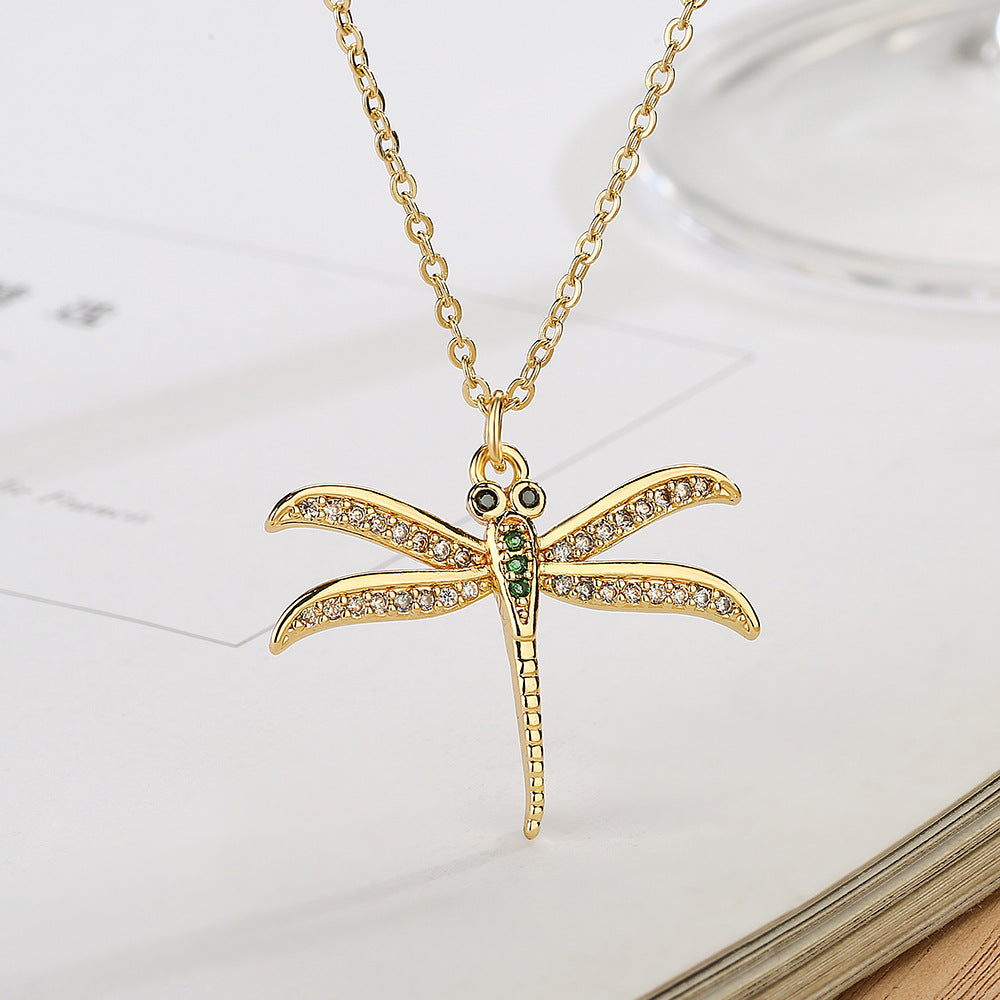 Minimalist Dragonfly Pendant Necklace for Women in Copper with 18K Gold Plating and Zircon Inlay
