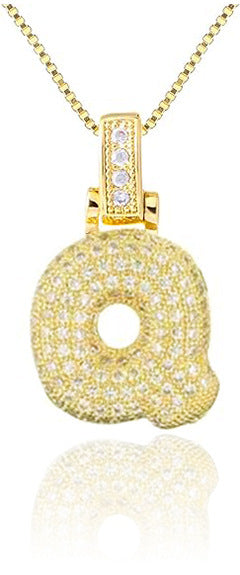 14K Gold Plated Brass Letter Pendant Necklace with Cubic Zirconia Inlay Box Chain for Women