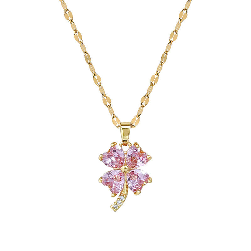 Sweet Minimalist Geometric Floral Inlaid Cubic Zirconia Brass Pendant Titanium Steel Necklace for Women