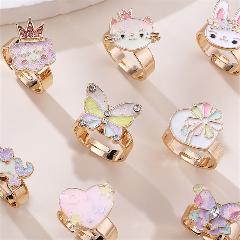 Juego de anillos de esmalte con colgante de personaje de dibujos animados para niñas, anillos de aleación estilo princesa con diseño de Anna